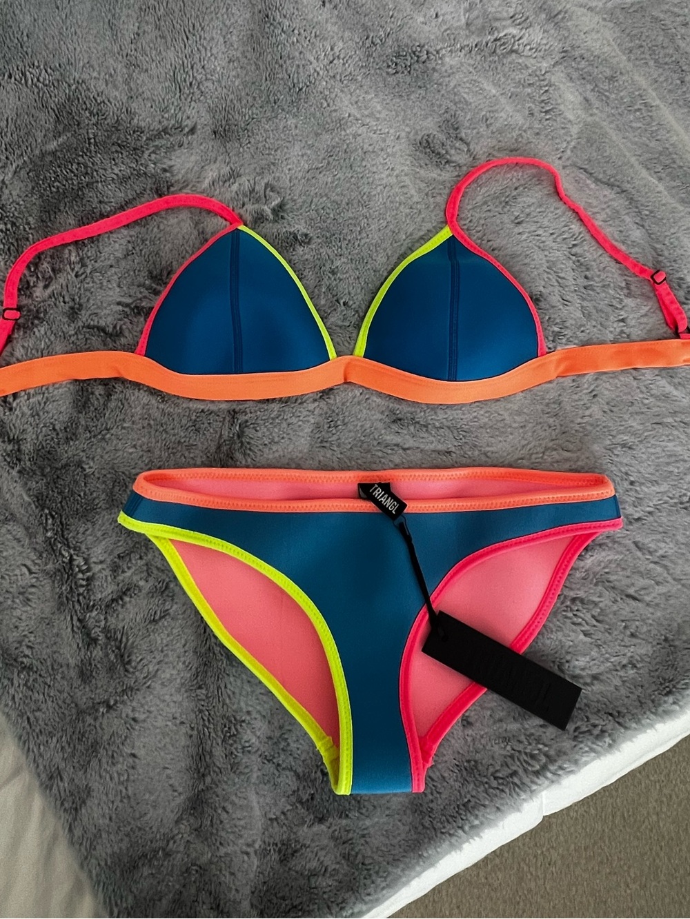 TRIANGL Swimwear Blue Bikini with Neon Pink, Neon Orange & Neon Yellow Trim